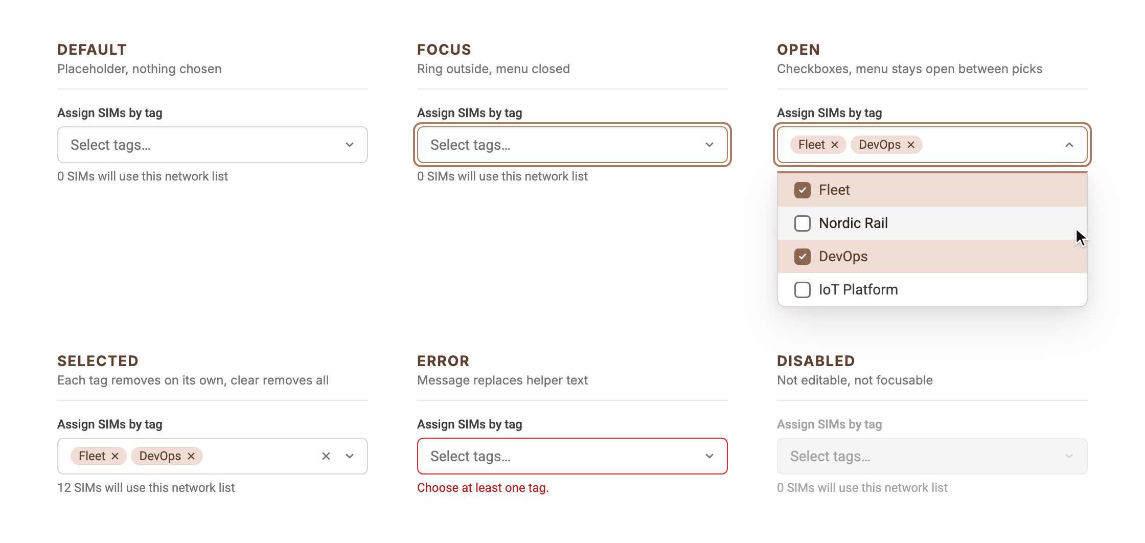 Multi select with label and helper text in six states: default, focus, open with checkboxes, selected tags with clear button, error, disabled